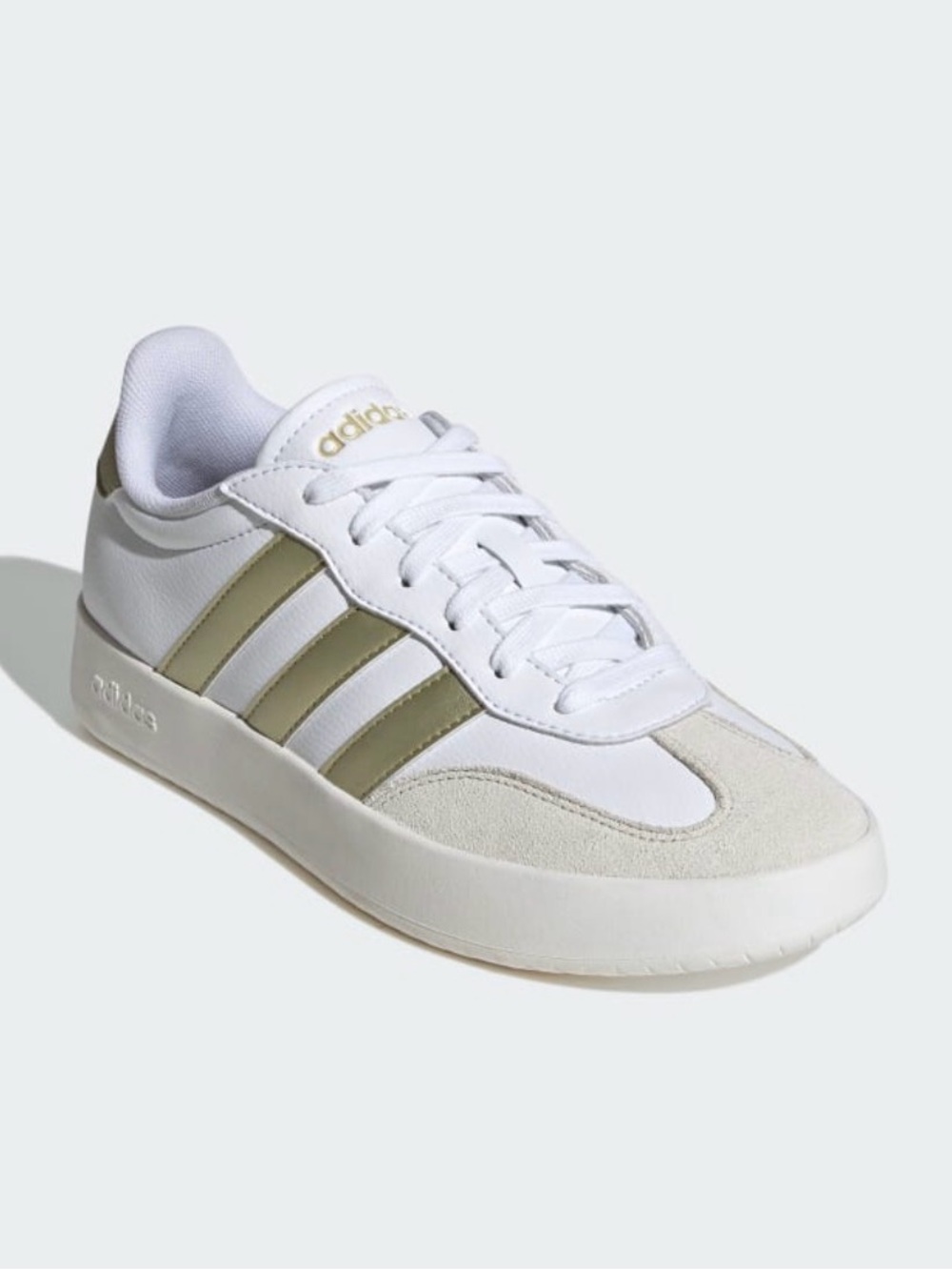 Adidas Women’s Size 8 White Sneakers with Gold Metallic Stripes / Gold Logo NEW